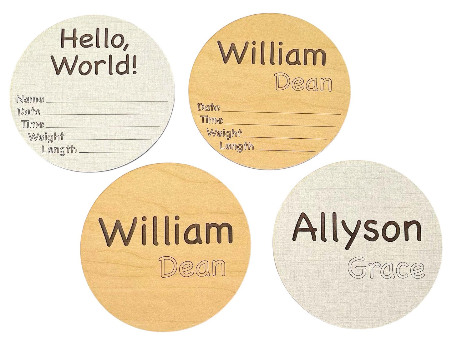 Baby Birth Announcement Hello World Newborn Hospital Photo Prop Baby Name Stats Shower Gift Personalized Custom Wood Handmade Wood Round