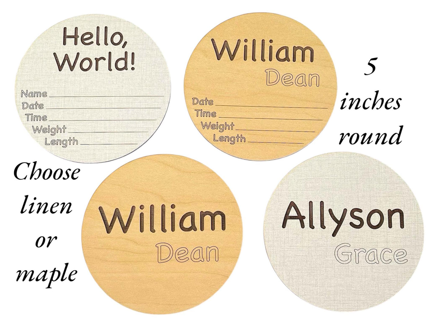 Baby Birth Announcement Hello World Newborn Hospital Photo Prop Baby Name Stats Shower Gift Personalized Custom Wood Handmade Wood Round