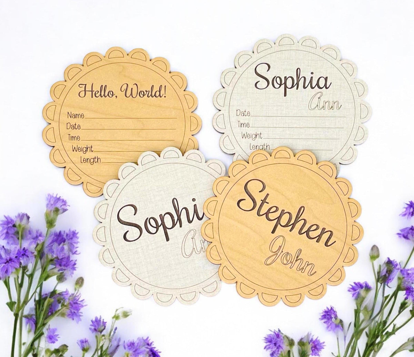 Personalized Baby Birth Announcement Scalloped Edge Round Design Pretty New Baby Hospital Photo Prop Baby Shower Gift Wood Laser Engraved