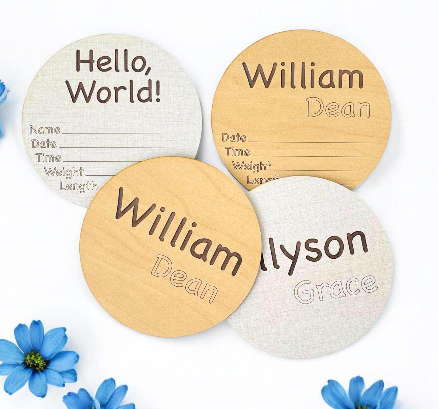 Baby Birth Announcement Hello World Newborn Hospital Photo Prop Baby Name Stats Shower Gift Personalized Custom Wood Handmade Wood Round