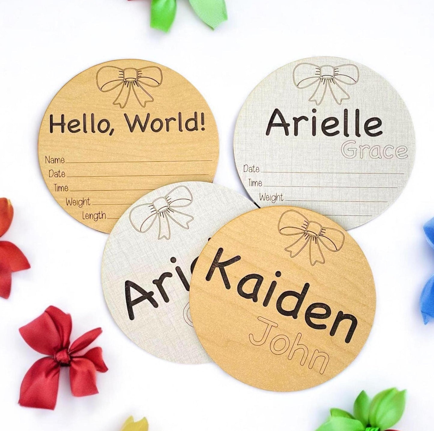 Baby Bow Stats Keepsake Round Pretty Bow Newborn Hospital Photo Prop Cute Hello World Baby Shower Gift Custom Fun Engraved Name Birth Stat