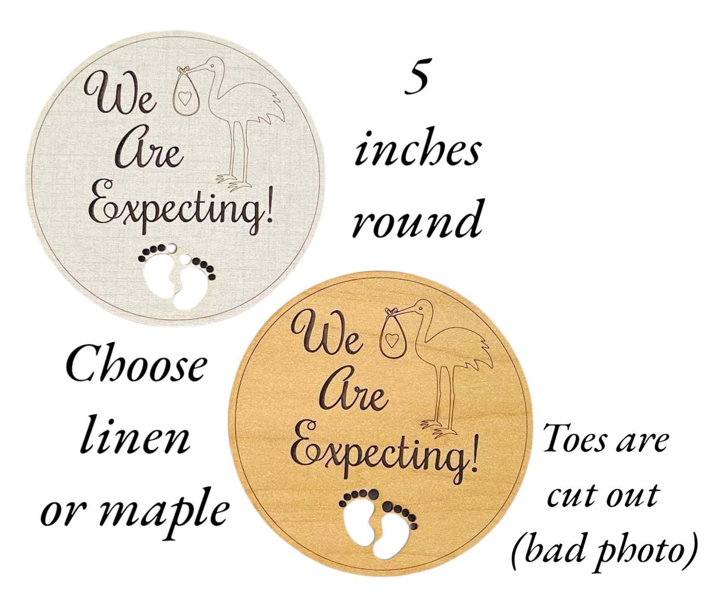 We Are Expecting Pregnancy Announcement Sign Cute Stork Delivery New Baby Pregnant Laser Engraved Cut Feet Fun Wood Round Photography Prop