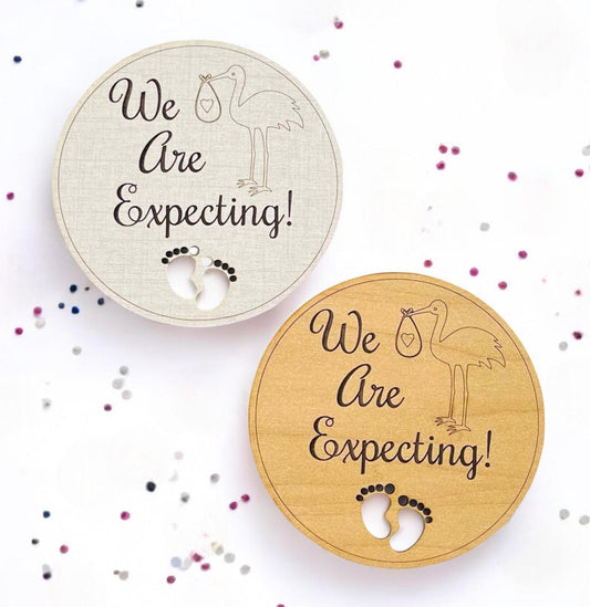 We Are Expecting Pregnancy Announcement Sign Cute Stork Delivery New Baby Pregnant Laser Engraved Cut Feet Fun Wood Round Photography Prop