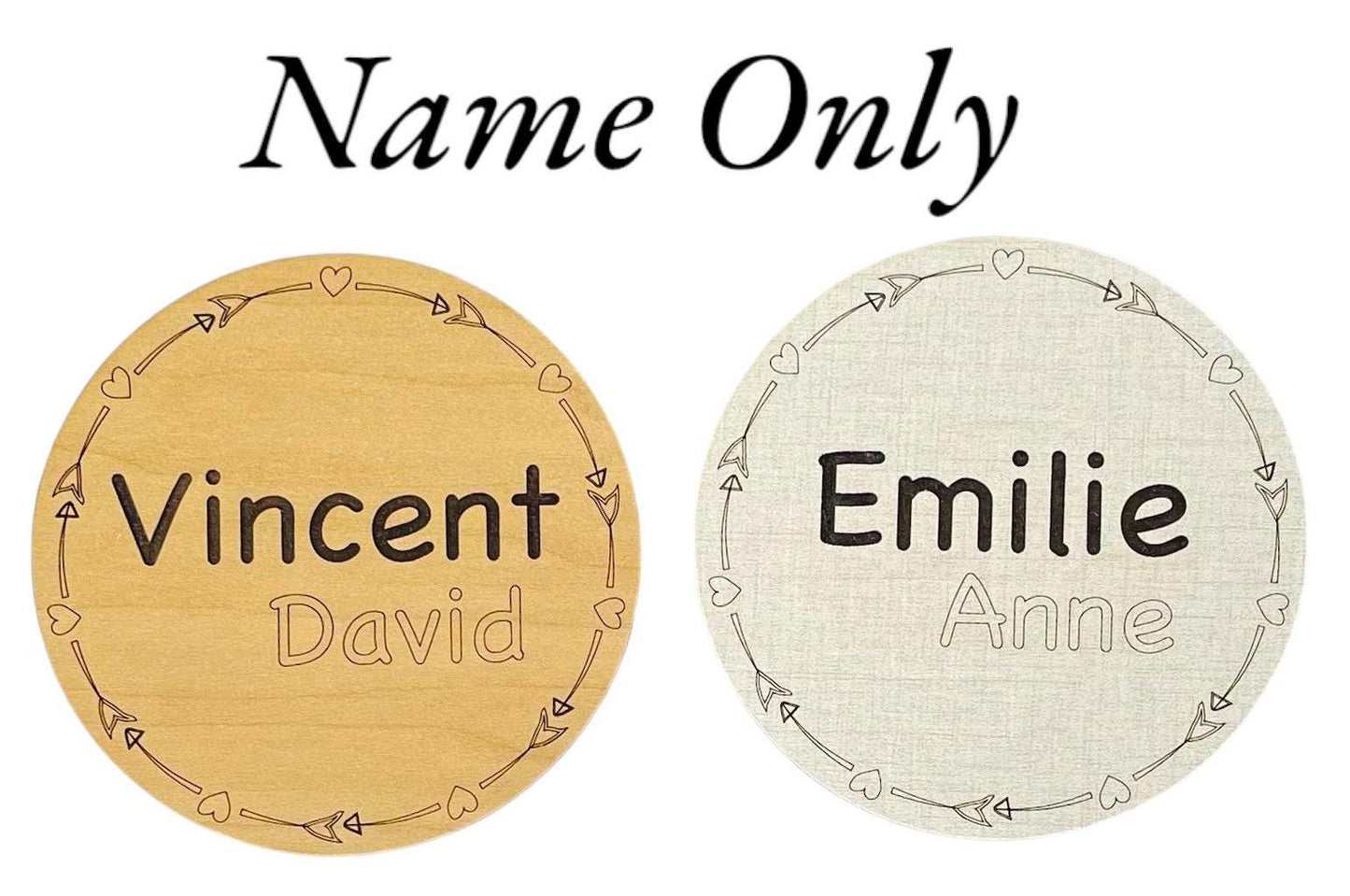 Boho Baby Birth Announcement Newborn Stats Hearts Arrows Wood Round Maple Linen Personalized Engraved Name Baby Shower Gift Idea Customized