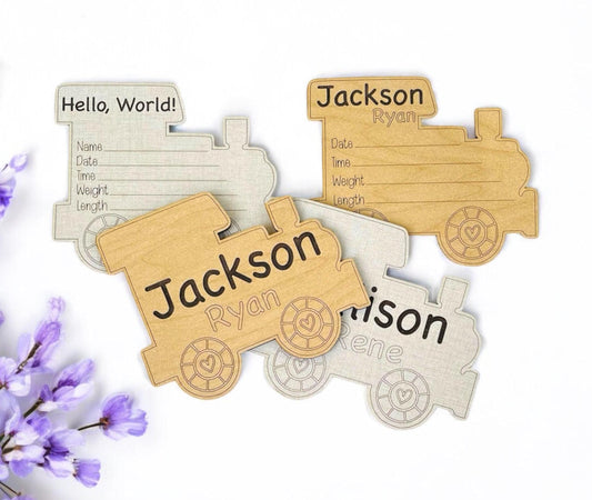 Baby Birth Announcement Train Sign Newborn Hospital Photo Prop Cute Baby Boy Girl Shower Gift Custom Personalized Wood Birth Choo-Choo Heart