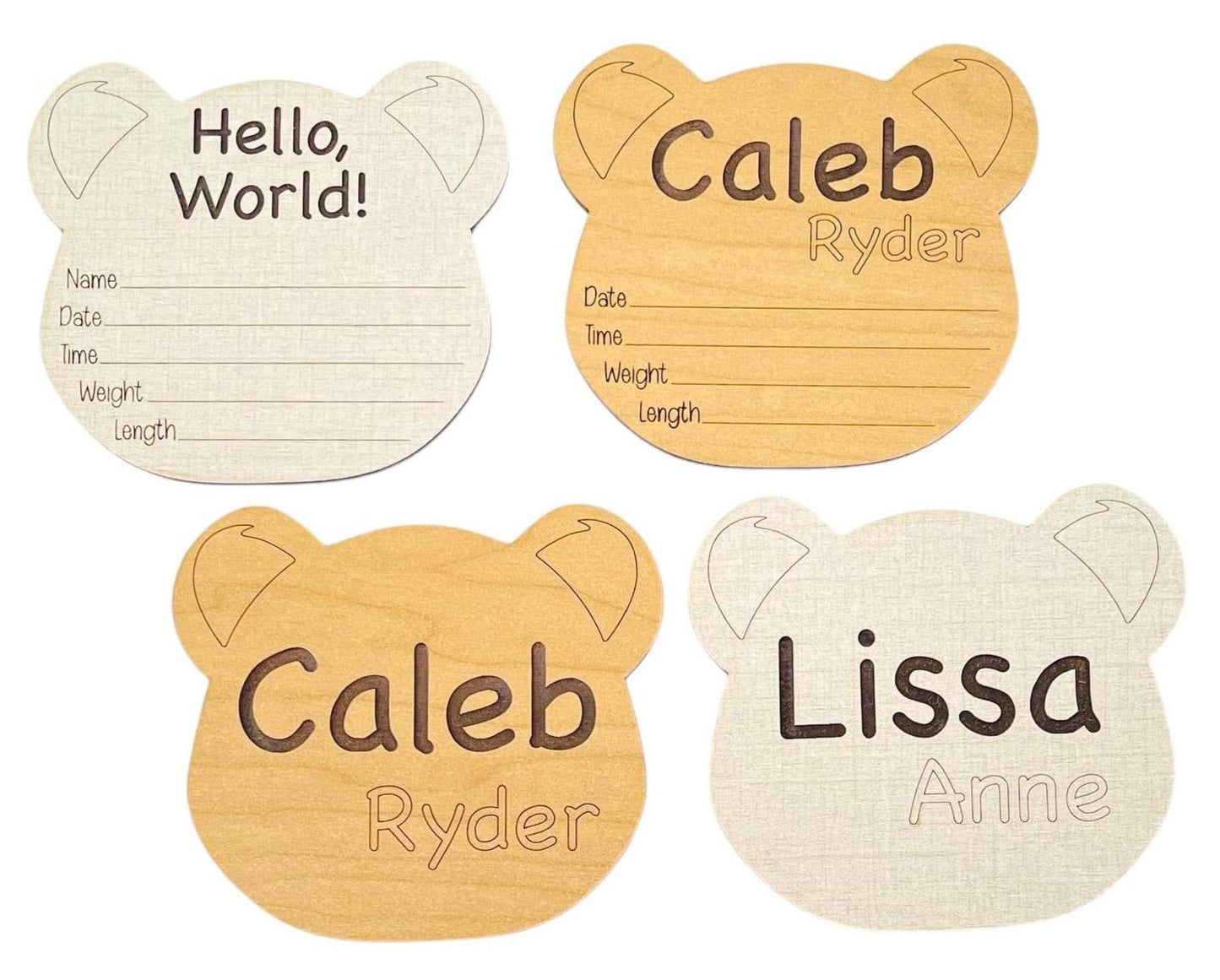 Baby bear themed newborn birth announcement sign. Shaped like a bear cub head. Engraved name and birth stats area. Cute baby shower gift for the wildlife or nature lover. Choose from linen or maple wood options. From Art by Iceberg, a female-owned small business in Colorado.