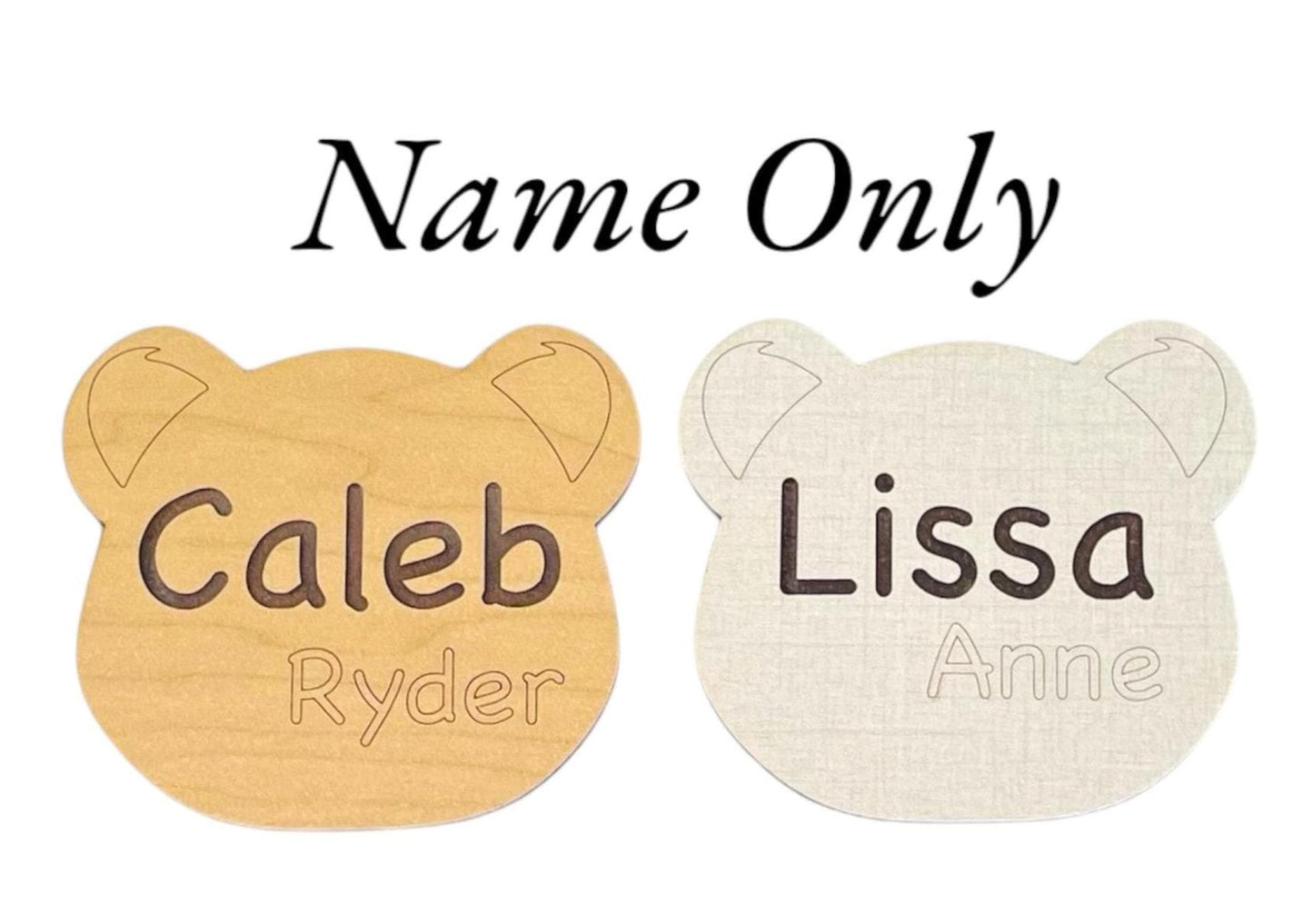 Personalized baby birth announcement. Shaped like a cute baby bear cub head. Laser engraved and cut. Handmade by Art by Iceberg.