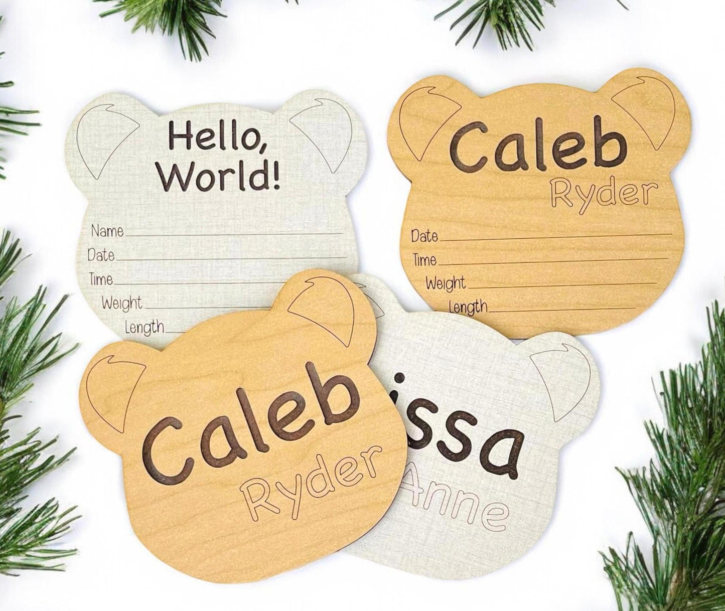 Baby bear themed newborn birth announcement sign. Shaped like a bear cub head. Engraved name and birth stats area. Cute baby shower gift for the wildlife or nature lover. Choose from linen or maple wood options. From Art by Iceberg.