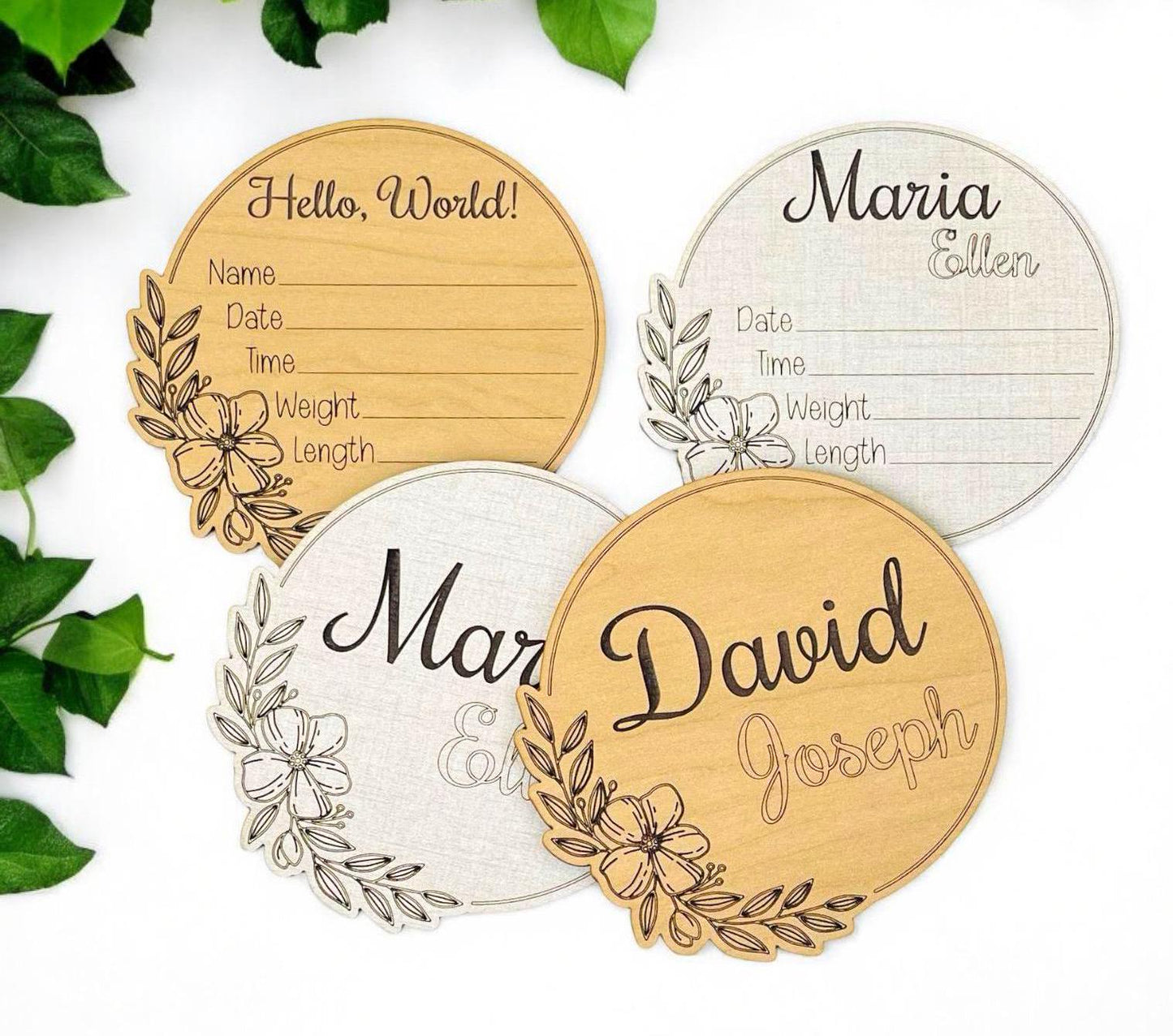 Floral Baby Birth Announcement Pretty New Baby Name Stats Hospital Photo Prop Shower Gift Wood Laser Engraved Personalized Flowers Handmade