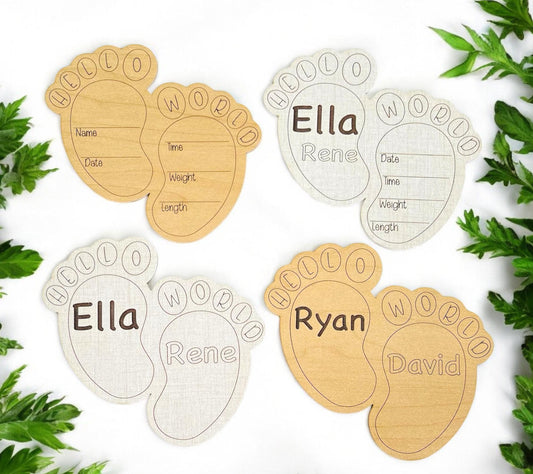 Baby Feet Shaped Birth Announcement Cute Hello World Wooden Laser Engraved New Baby Name Stats Photo Prop Newborn Baby Shower Gift Memento