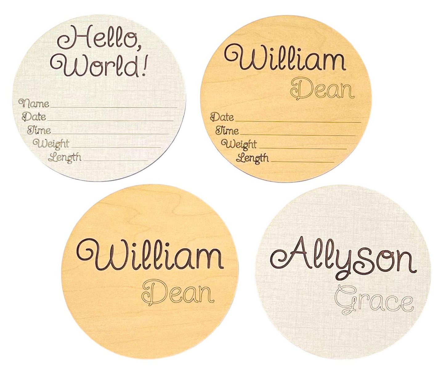 Hello World Baby Birth Announcement Wood Round New Baby Name Stats Nursery Photo Prop Newborn Baby Shower Gift Engraved Laser Cut Keepsake