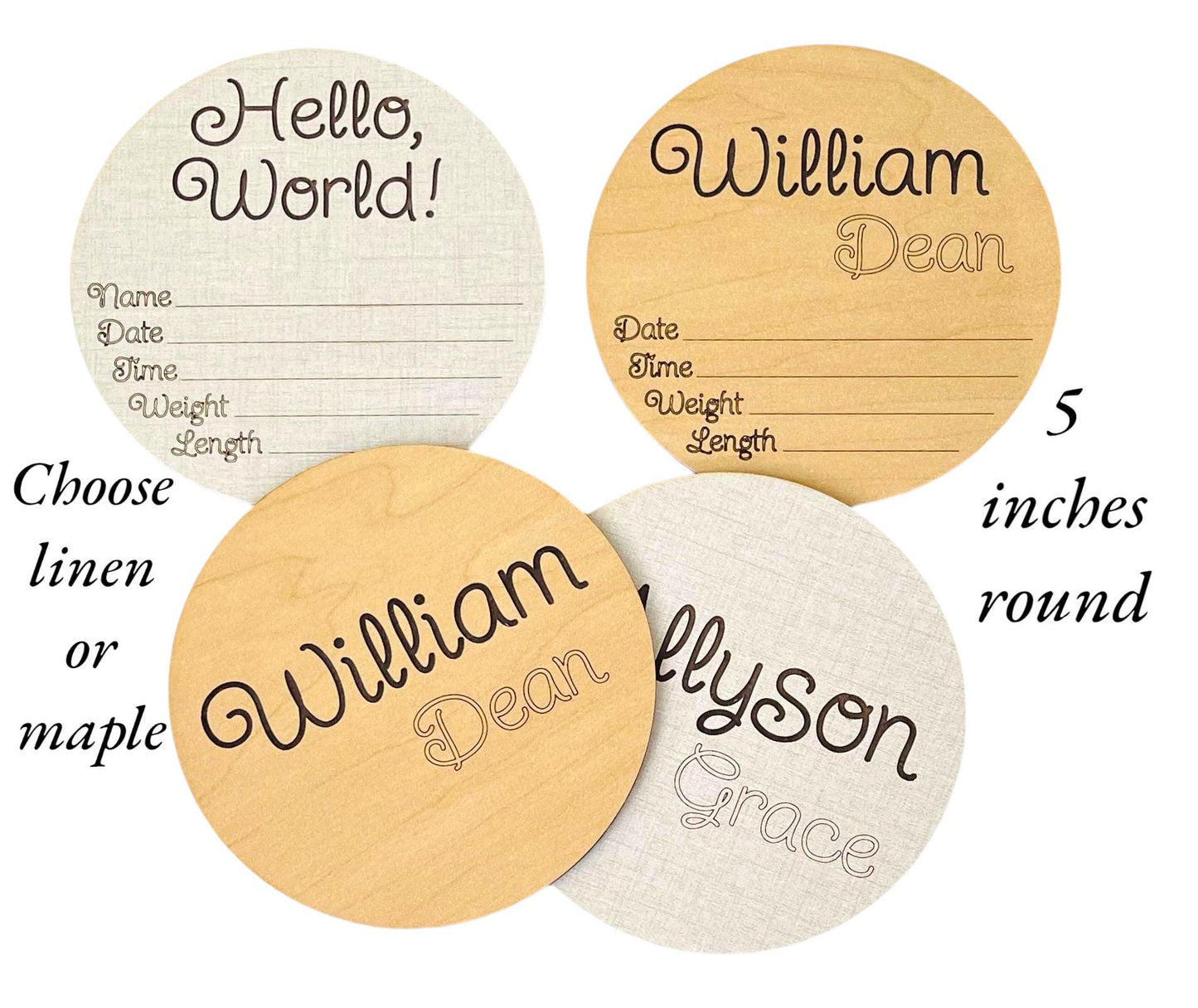 Hello World Baby Birth Announcement Wood Round New Baby Name Stats Nursery Photo Prop Newborn Baby Shower Gift Engraved Laser Cut Keepsake