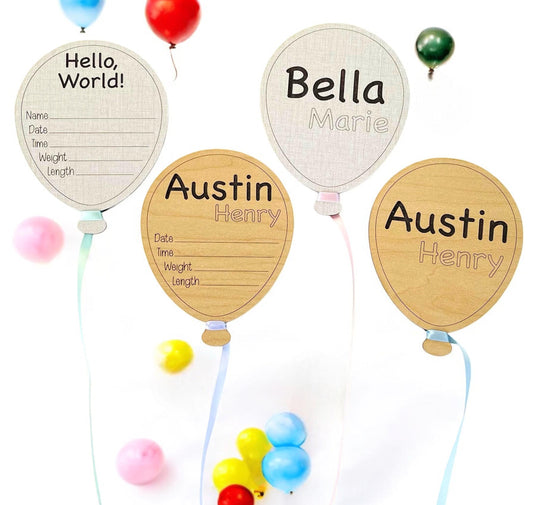 Baby Birth Announcement Balloon Themed Choose Ribbon String Color Hospital Photo Prop Cute Baby Shower Gift Personalized Wood Hello World