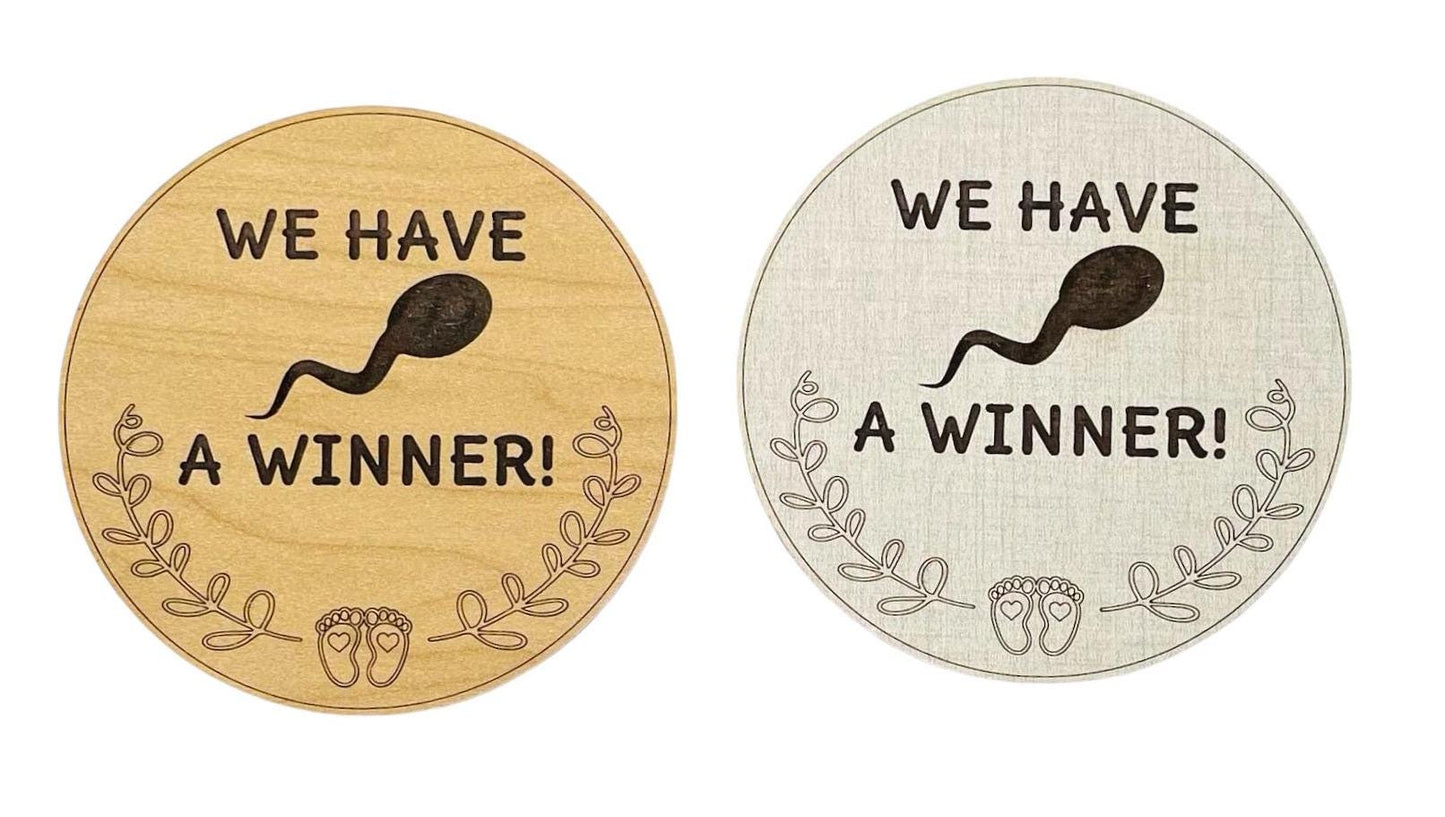 Funny Pregnancy Announcement Sign Swimming Sperm We Have a Winner Pregnant Expecting Round Photo Prop Handmade Humorous Wooden Fun Surprise