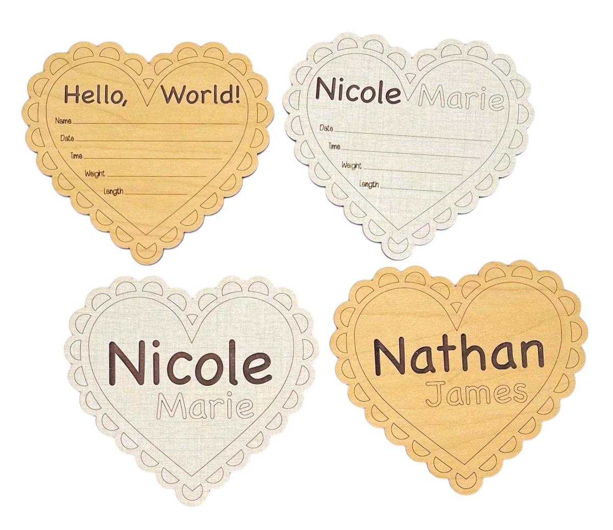 Baby Birth Announcement Heart Shaped Pretty Scalloped Edge Design Fancy New Baby Hospital Photo Prop Baby Shower Gift Wooden Personalized