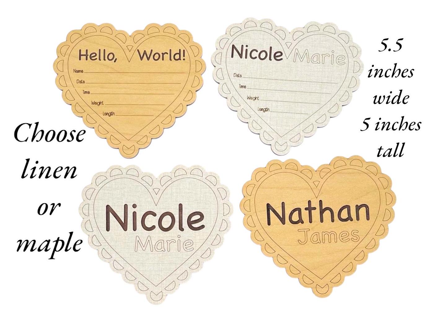 Baby Birth Announcement Heart Shaped Pretty Scalloped Edge Design Fancy New Baby Hospital Photo Prop Baby Shower Gift Wooden Personalized