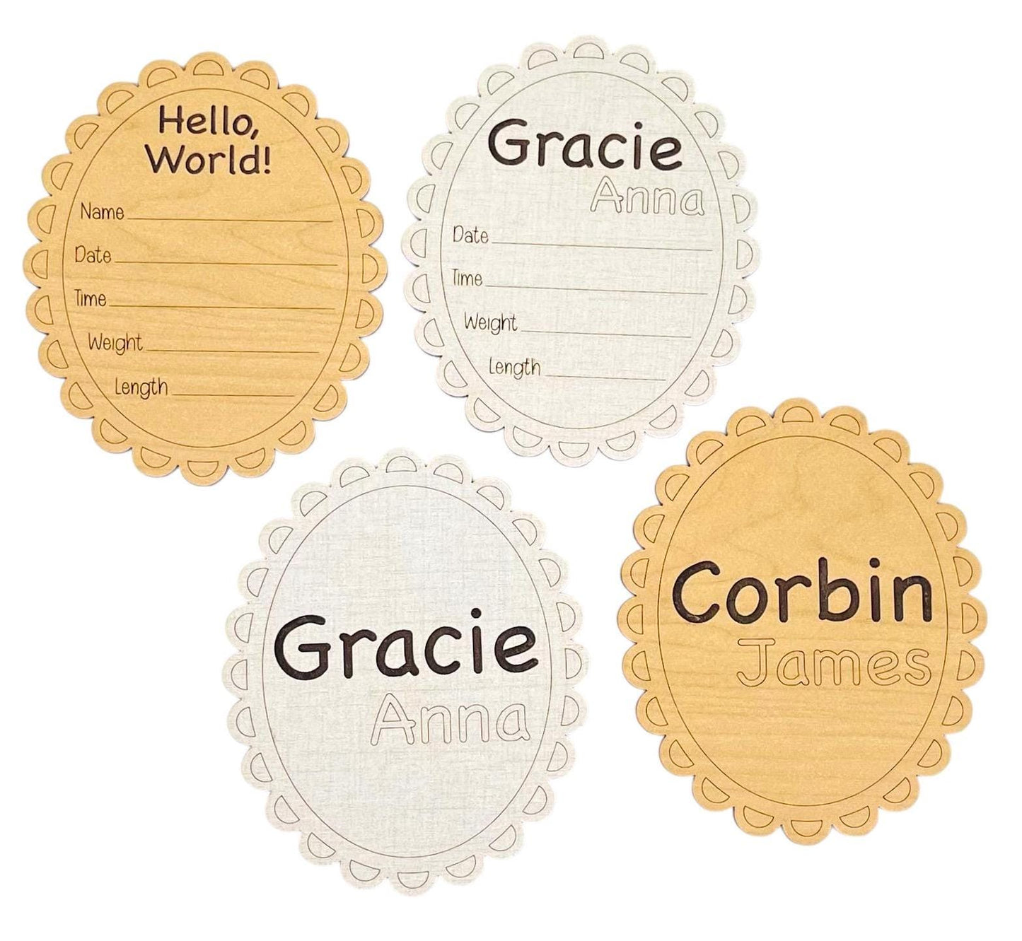 Baby Birth Sign Name Stats Announcement Personalized Scalloped Edge Oval Design Hello World Cute Wooden Newborn Photo Prop Baby Shower Gift