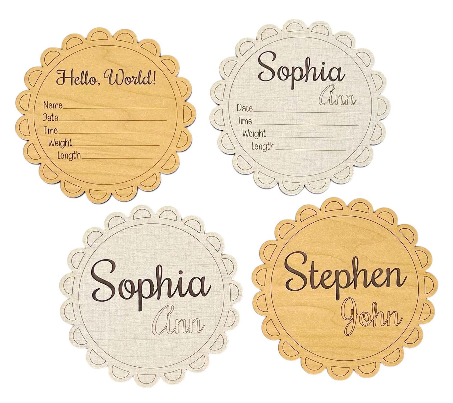 Personalized Baby Birth Announcement Scalloped Edge Round Design Pretty New Baby Hospital Photo Prop Baby Shower Gift Wood Laser Engraved