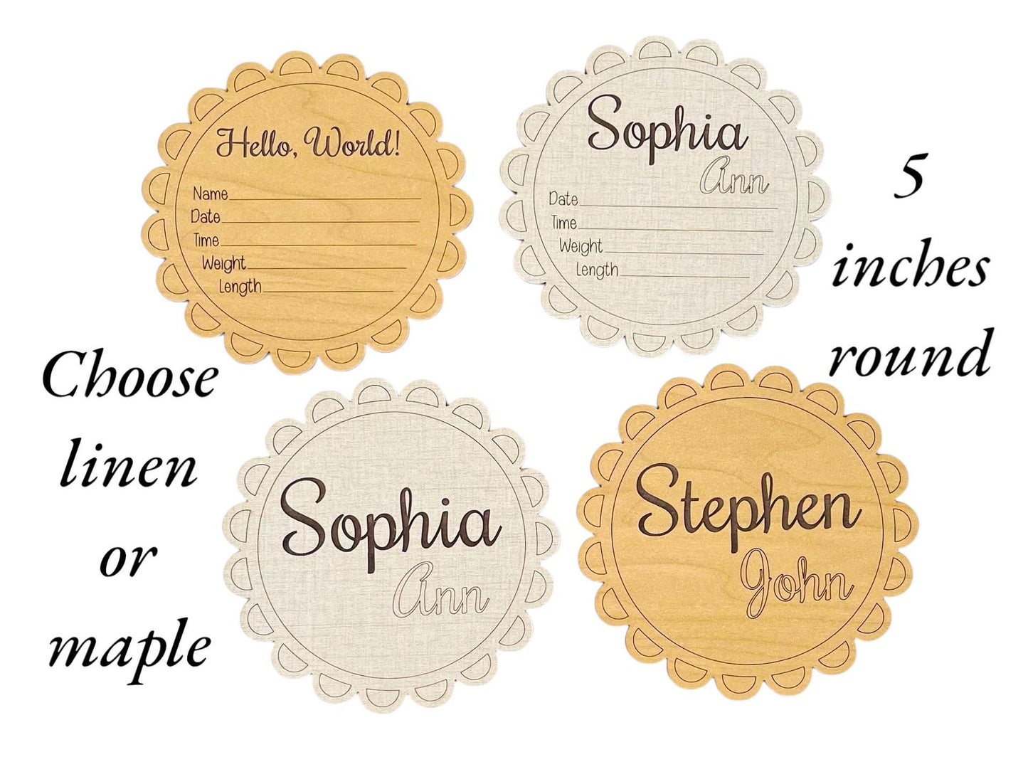 Personalized Baby Birth Announcement Scalloped Edge Round Design Pretty New Baby Hospital Photo Prop Baby Shower Gift Wood Laser Engraved