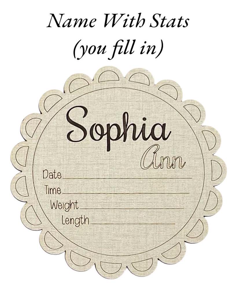 Personalized Baby Birth Announcement Scalloped Edge Round Design Pretty New Baby Hospital Photo Prop Baby Shower Gift Wood Laser Engraved