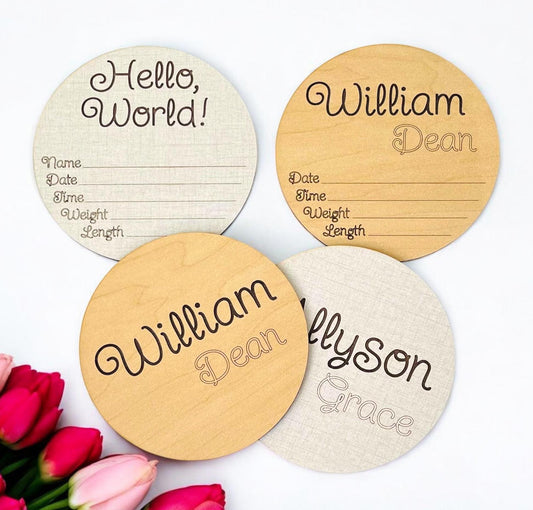 Hello World Baby Birth Announcement Wood Round New Baby Name Stats Nursery Photo Prop Newborn Baby Shower Gift Engraved Laser Cut Keepsake