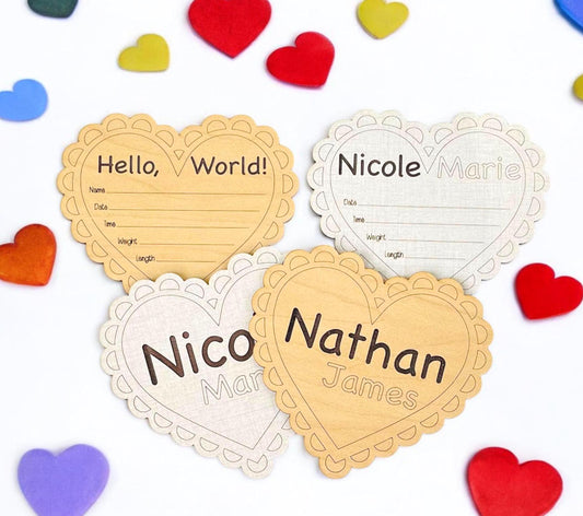 Baby Birth Announcement Heart Shaped Pretty Scalloped Edge Design Fancy New Baby Hospital Photo Prop Baby Shower Gift Wooden Personalized