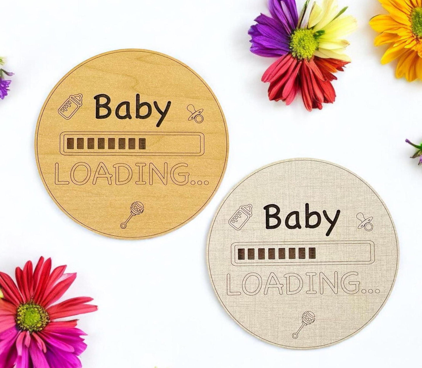 Pregnancy Announcement Sign Baby Loading We're Pregnant Expecting Round Photo Prop Handmade Engraved Gift Linen or Maple Wood Fun Surprise