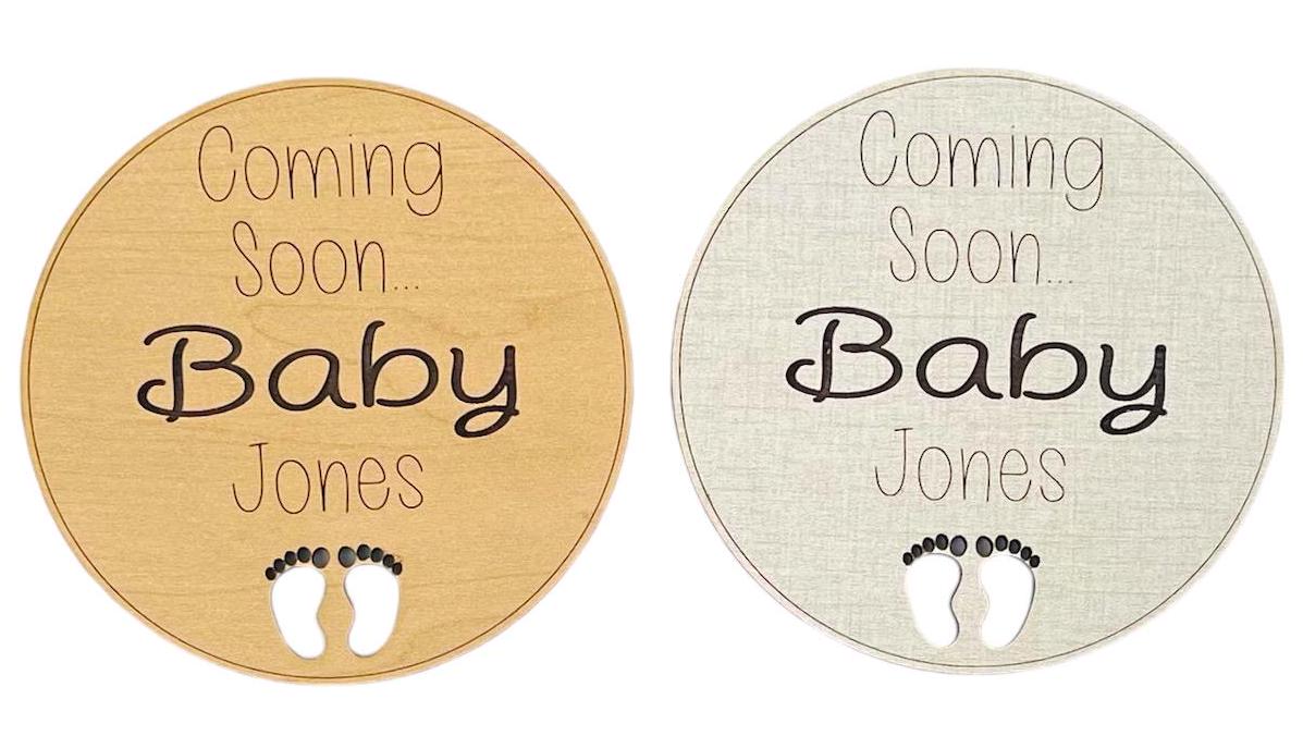 Personalized Pregnancy Announcement Sign Coming Soon Name Baby Feet Photo Prop Custom Engraved Handmade Linen Maple Wood Expecting Keepsake