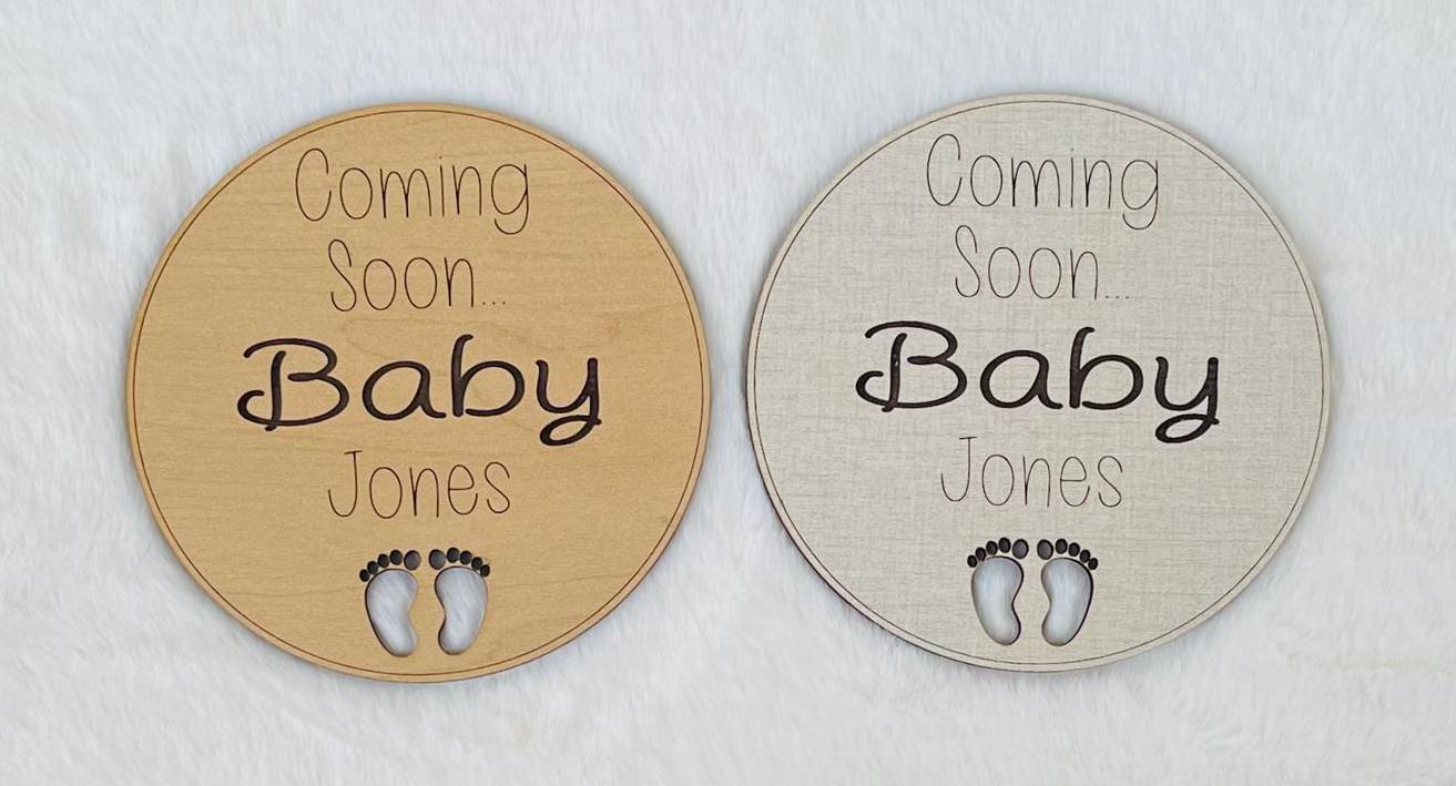 Personalized Pregnancy Announcement Sign Coming Soon Name Baby Feet Photo Prop Custom Engraved Handmade Linen Maple Wood Expecting Keepsake