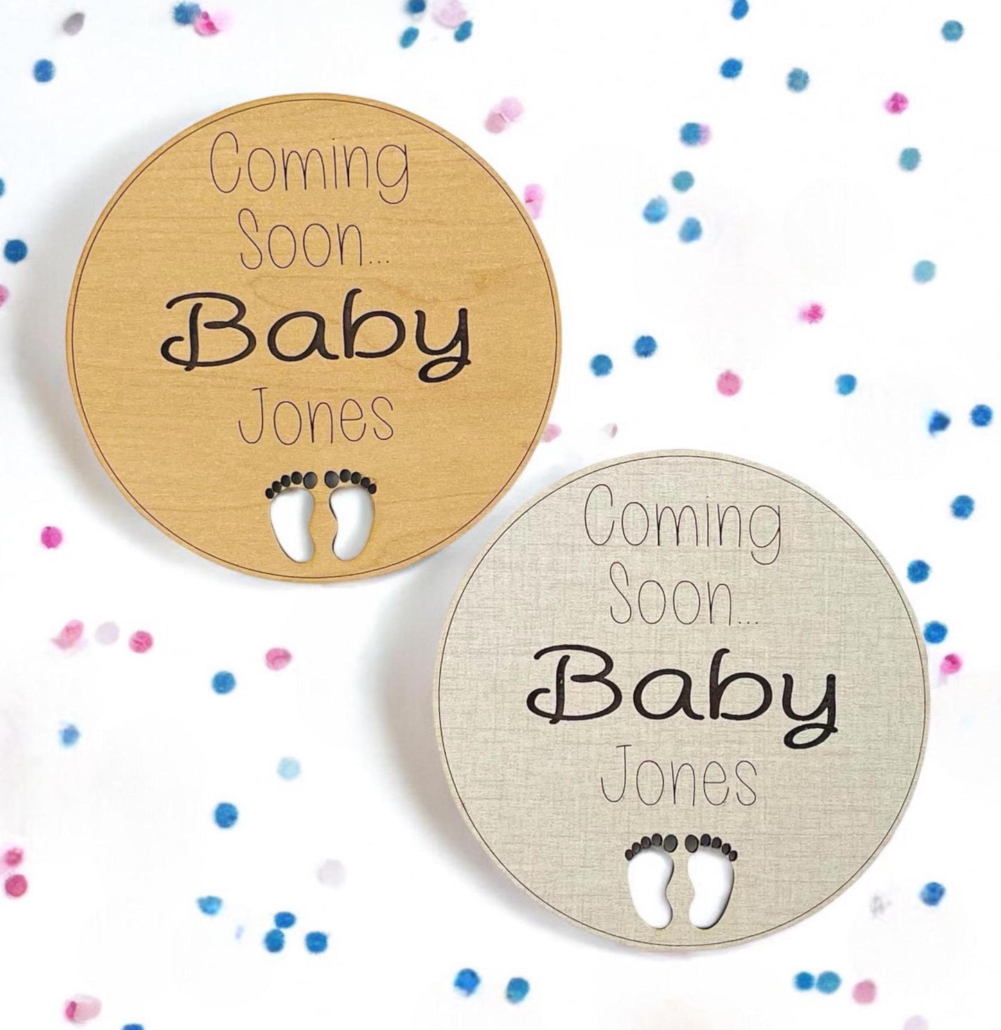 Personalized Pregnancy Announcement Sign Coming Soon Name Baby Feet Photo Prop Custom Engraved Handmade Linen Maple Wood Expecting Keepsake