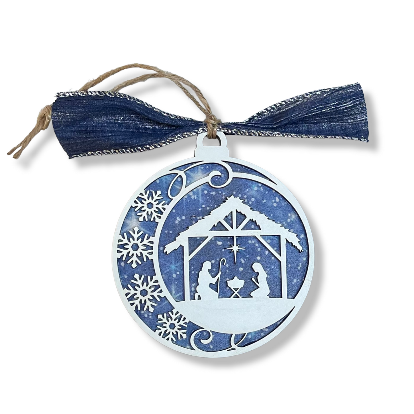 Pretty Nativity Scene Christmas Ornament Blue Sky Stars Religion Religious Baby Jesus Birth Decor