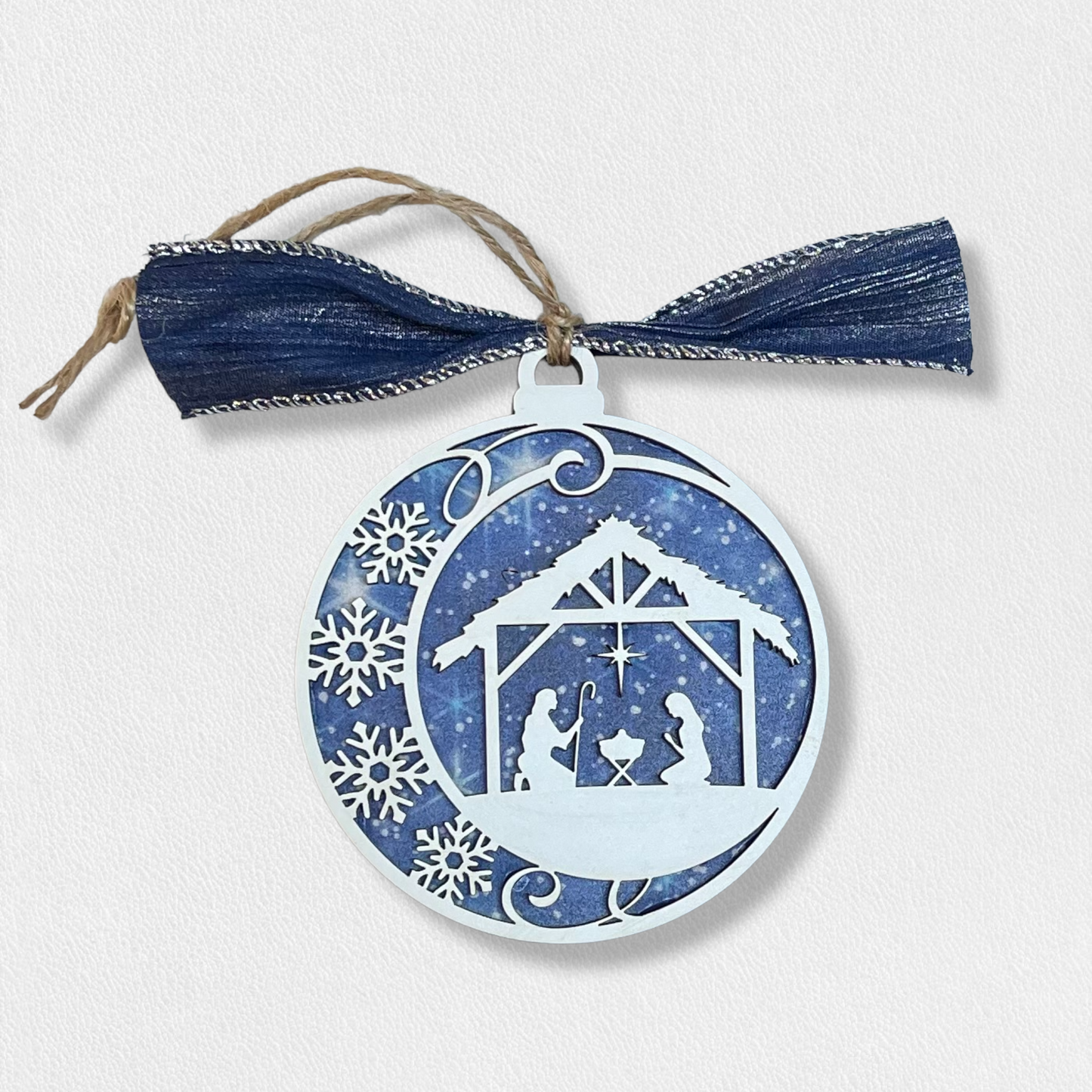 Pretty Nativity Scene Christmas Ornament Blue Sky Stars Religion Religious Baby Jesus Birth Decor