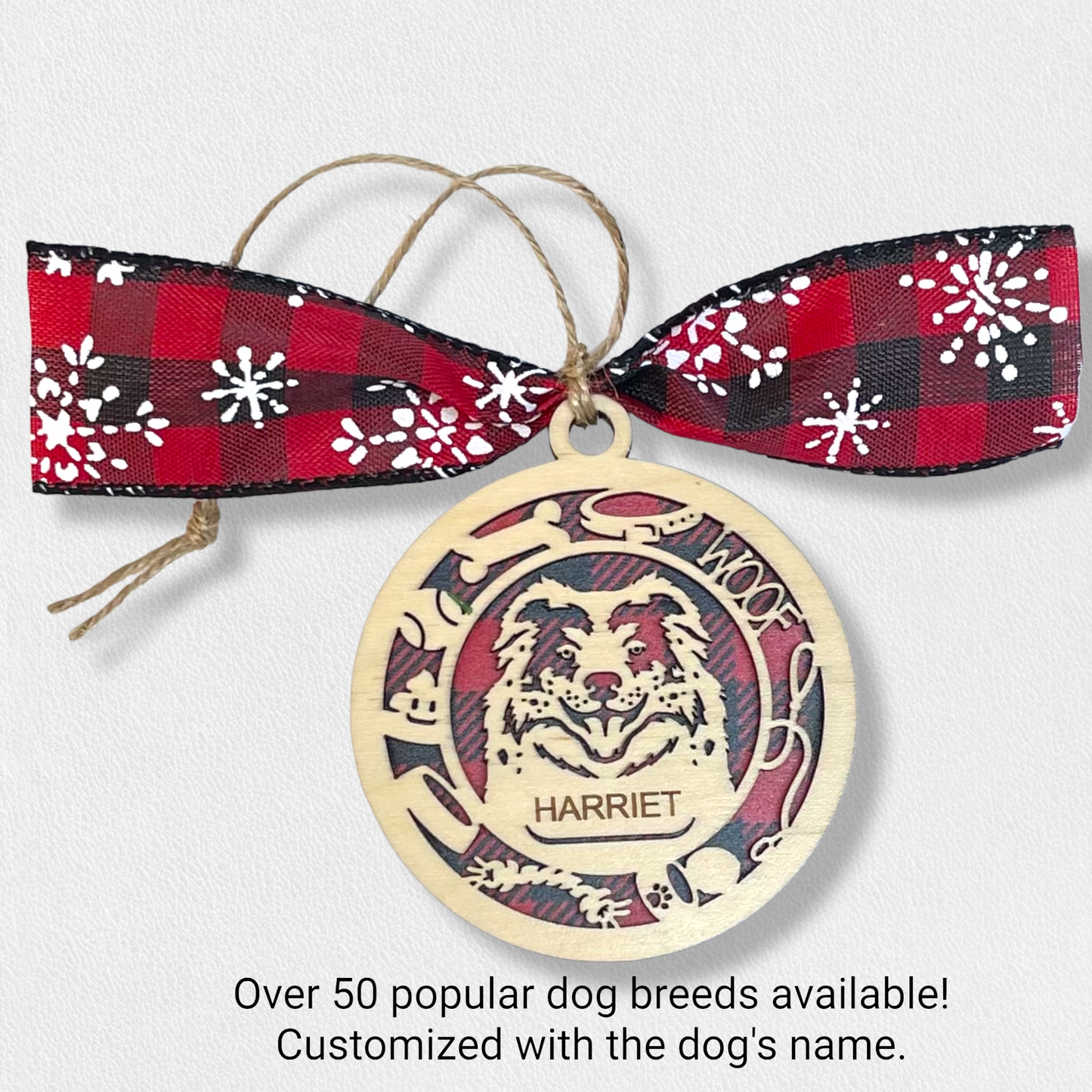 Custom Dog Breed Ornament With Name Personalized Pet Lover Christmas Gift Buffalo Plaid Background Fun