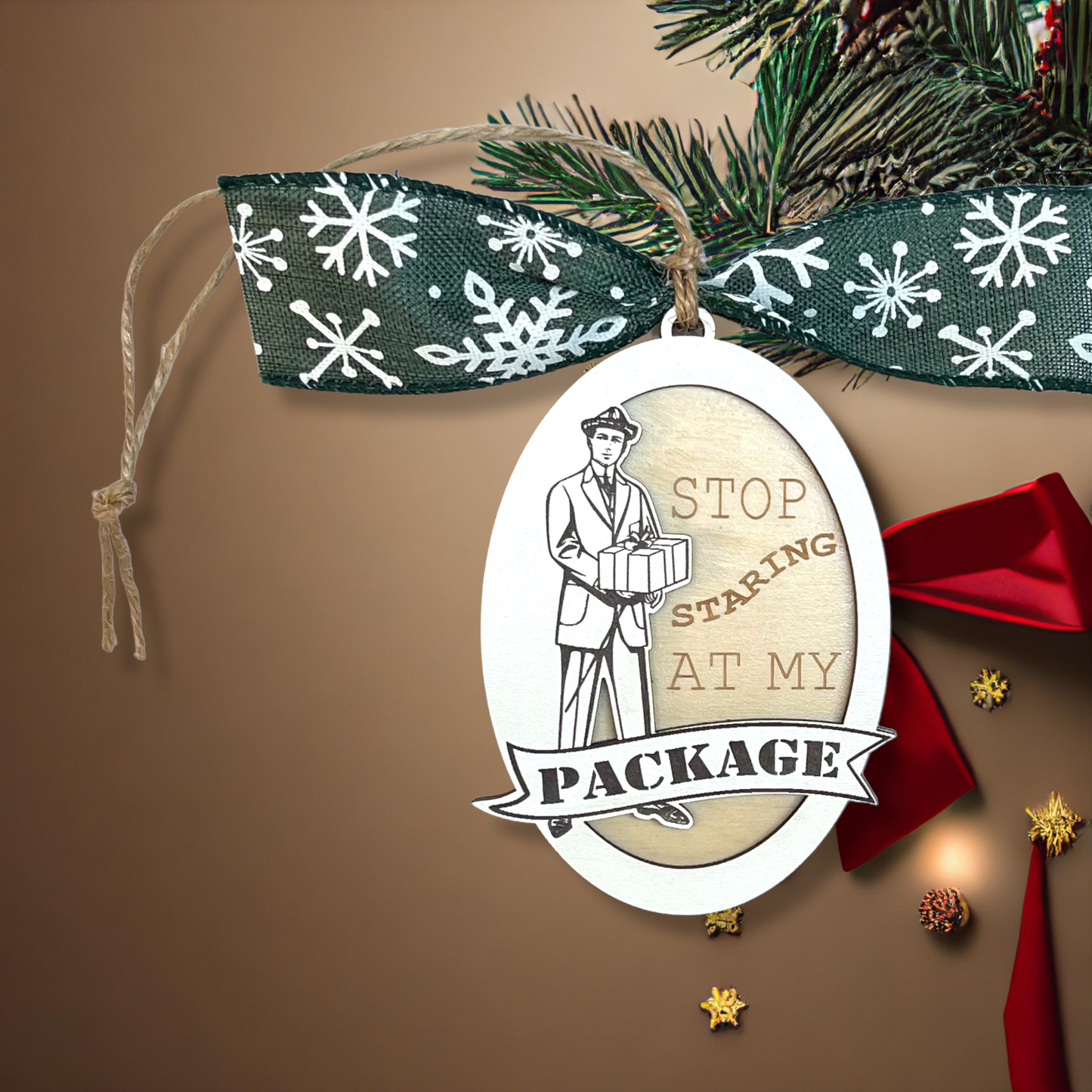 Stop Staring at My Package Humorous Funny Delivery Driver Gift Christmas Ornament Mailman USPS UPS FedEx Amazon Grubhub DoorDash Grocery Deliveries White Elephant Fun Gift Retro Look