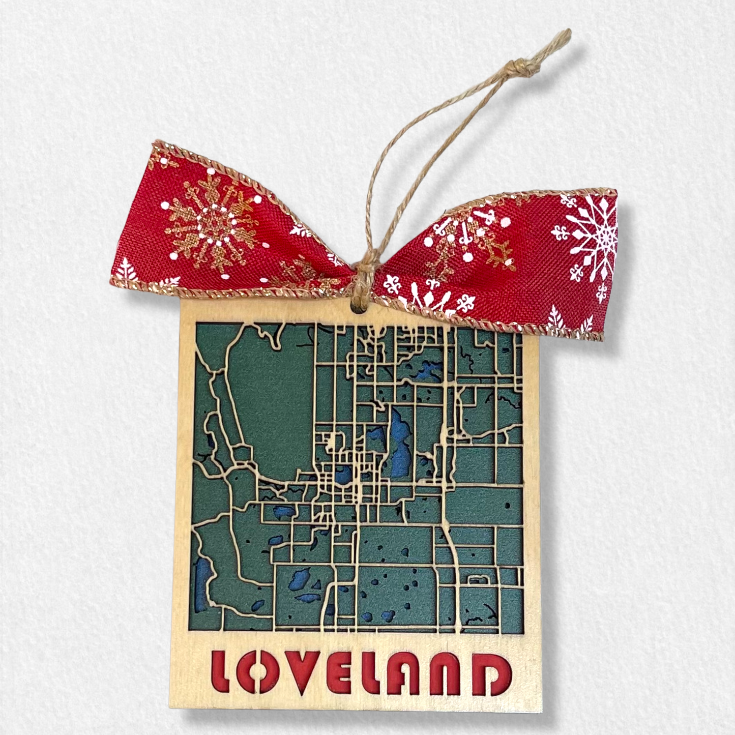 City of Loveland Colorado Christmas Holiday Ornament Showing Lakes, Water, Roads One-of-a-Kind Keepsake Gift Three Layers Birch Top the Sweetheart City