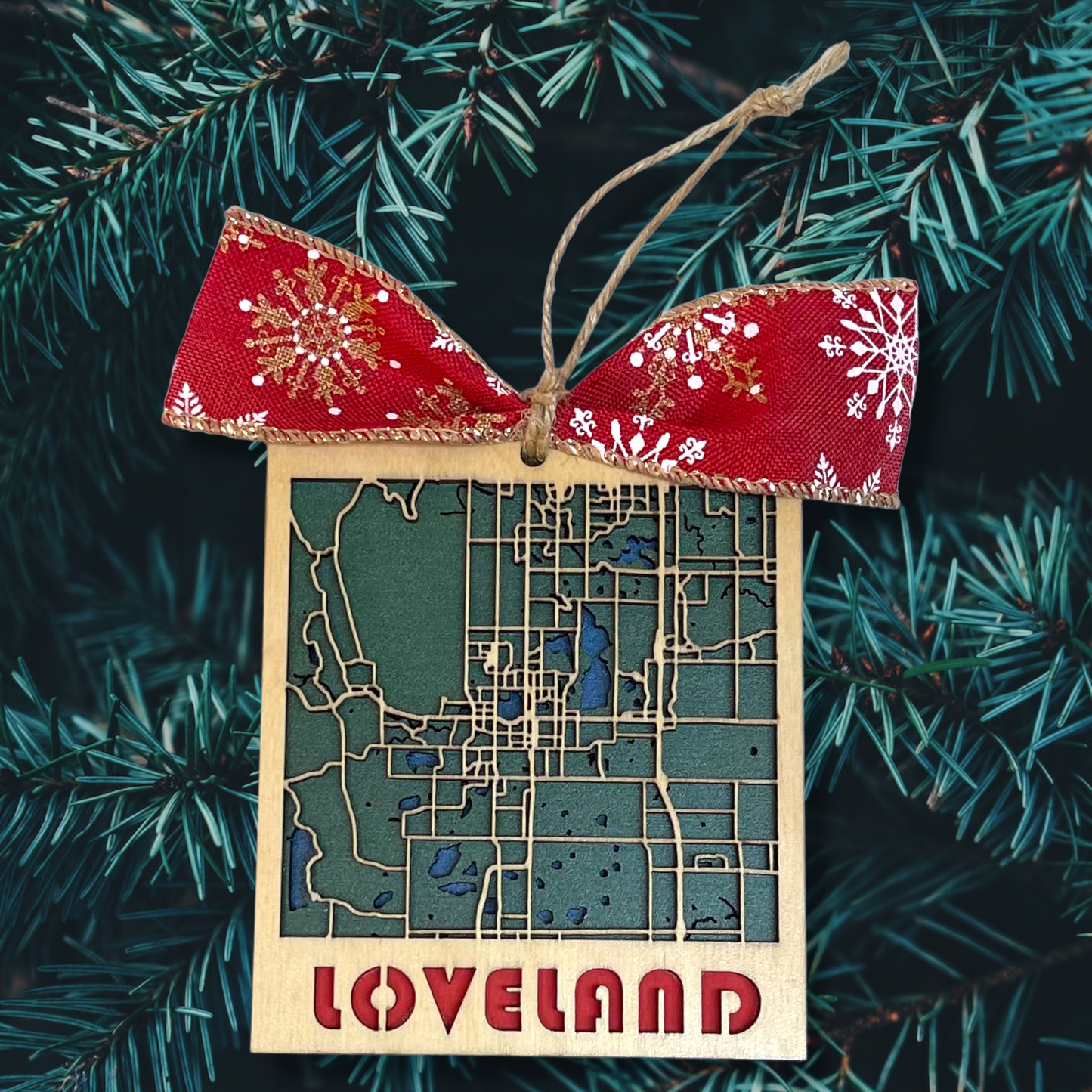 City of Loveland Colorado Christmas Holiday Ornament Showing Lakes, Water, Roads One-of-a-Kind Keepsake Gift Three Layers Birch Top the Sweetheart City