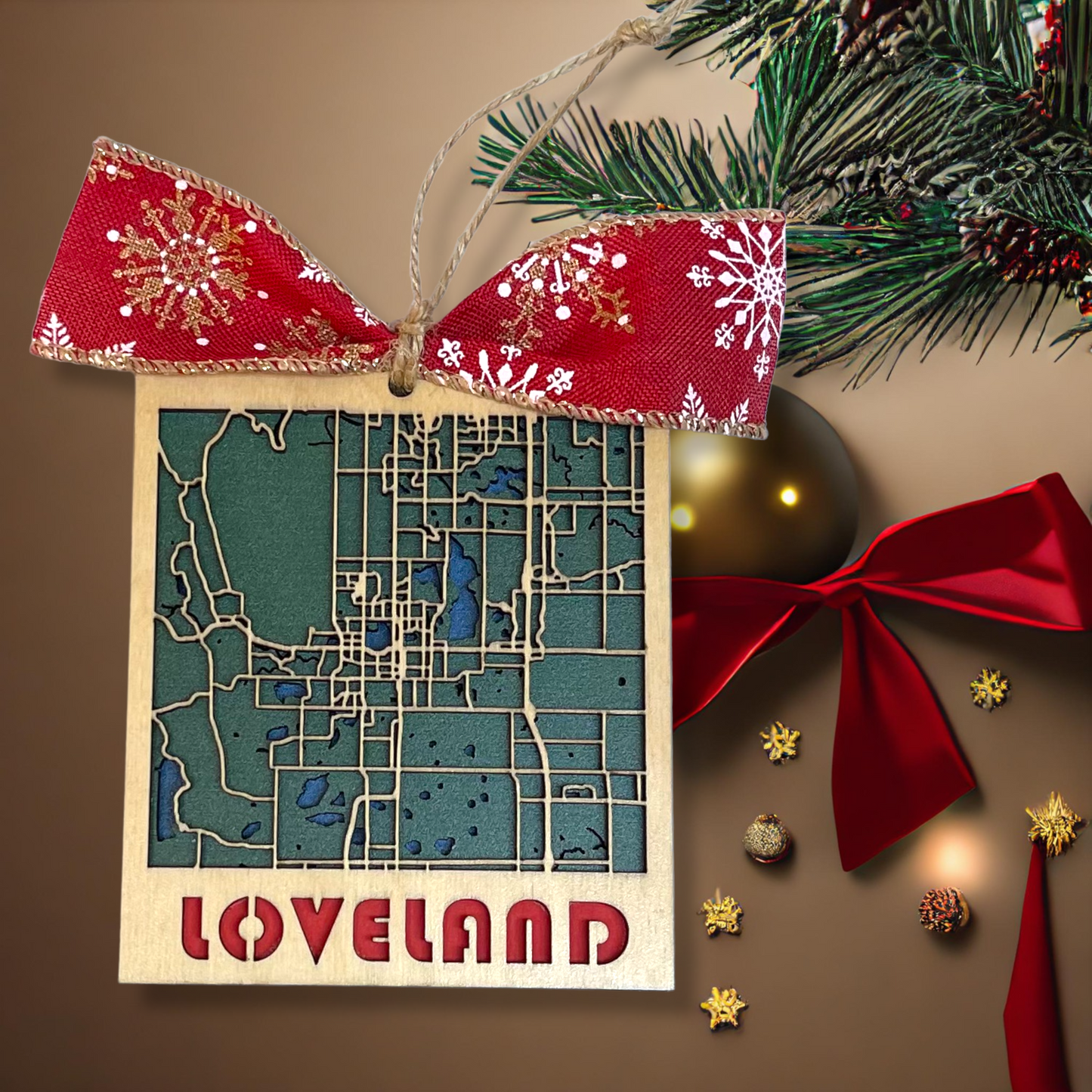 City of Loveland Colorado Christmas Holiday Ornament Showing Lakes, Water, Roads One-of-a-Kind Keepsake Gift Three Layers Birch Top the Sweetheart City