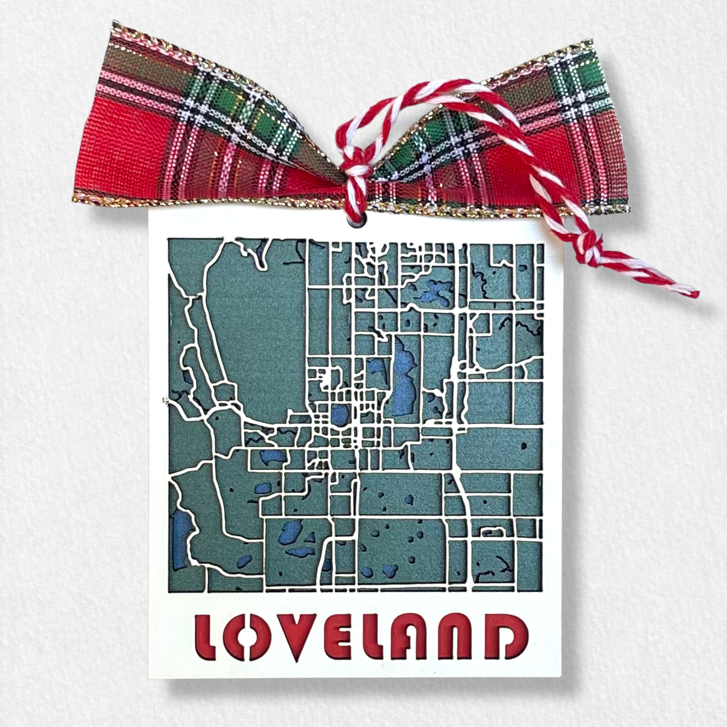 Loveland, Colorado City Ornament Unique Keepsake Christmas Gift Realtor New Home Three Layers Handmade Actual Map Roads Lakes White Top Layer