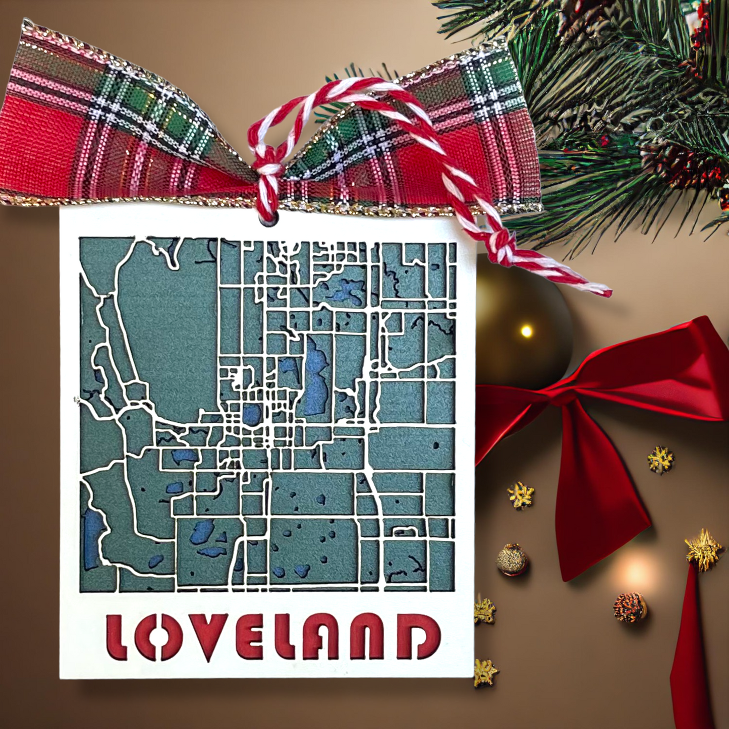 Loveland, Colorado City Ornament Unique Keepsake Christmas Gift Realtor New Home Three Layers Handmade Actual Map Roads Lakes White Top Layer