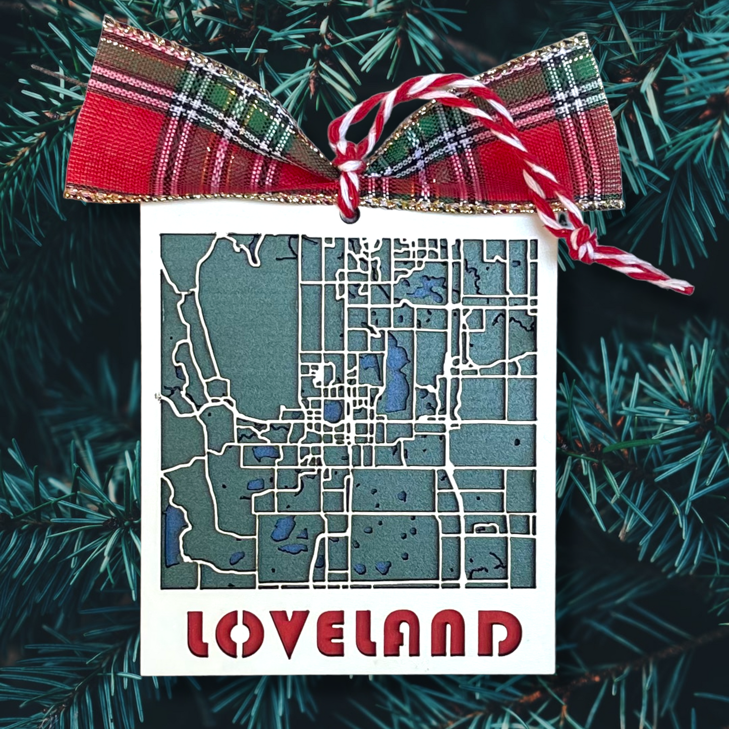 Loveland, Colorado City Ornament Unique Keepsake Christmas Gift Realtor New Home Three Layers Handmade Actual Map Roads Lakes White Top Layer