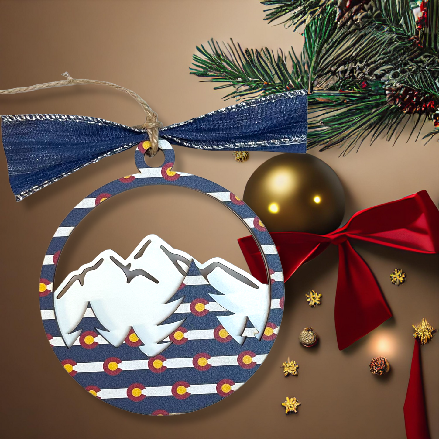 Colorado Mountains Christmas Ornament State Flag Logo CO Gift Idea Mountain Range Handmade Small Business Female Maker Owned Shop