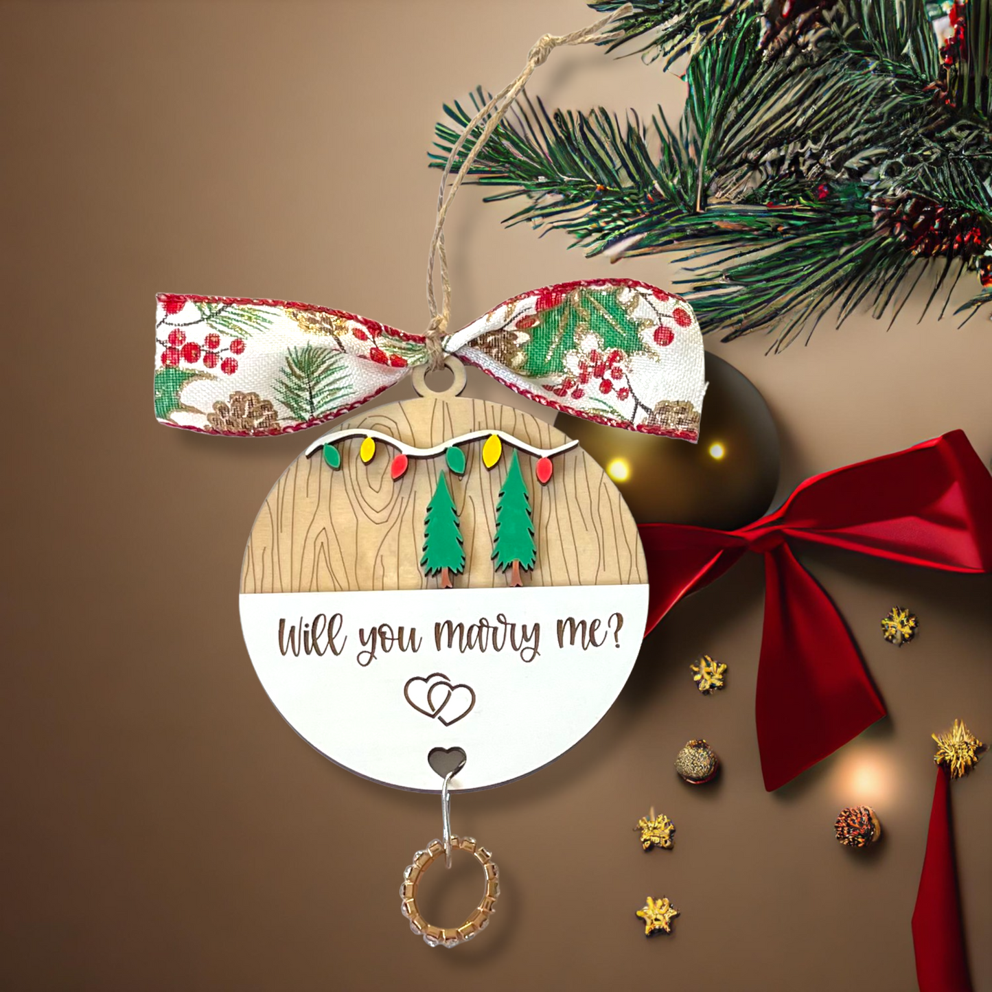 Will You Marry Me Woodland Layered Christmas Ornament Hearts Engagement Ring String Wedding Surprise